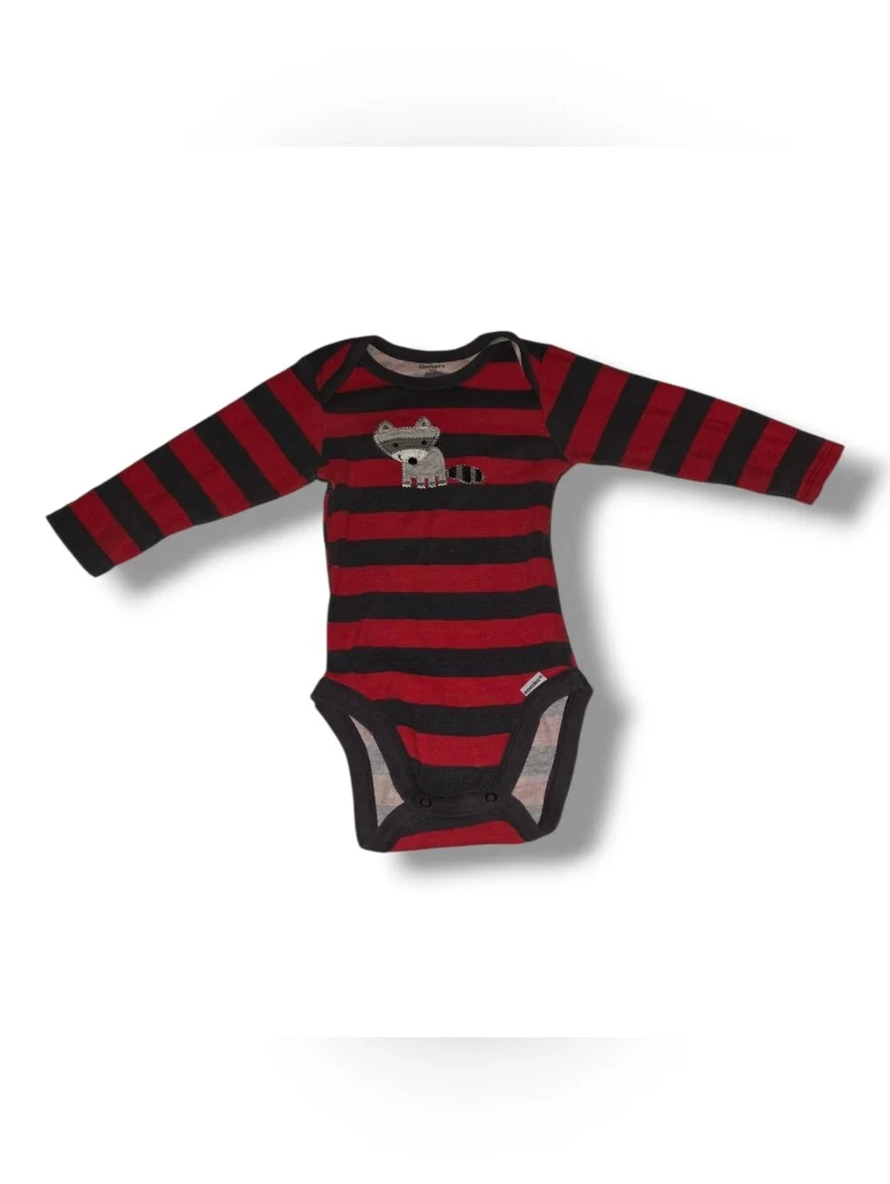 Red & Black Striped Long-Sleeve Baby One-Piece with Raccoon Applique